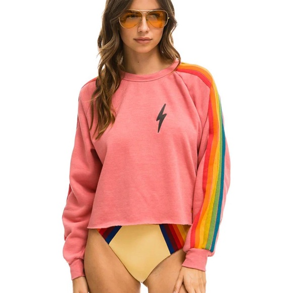 Aviator Nation Classic Cropped Bolt Crew Sweatshirt Colorful Stripe - Picture 4 of 6